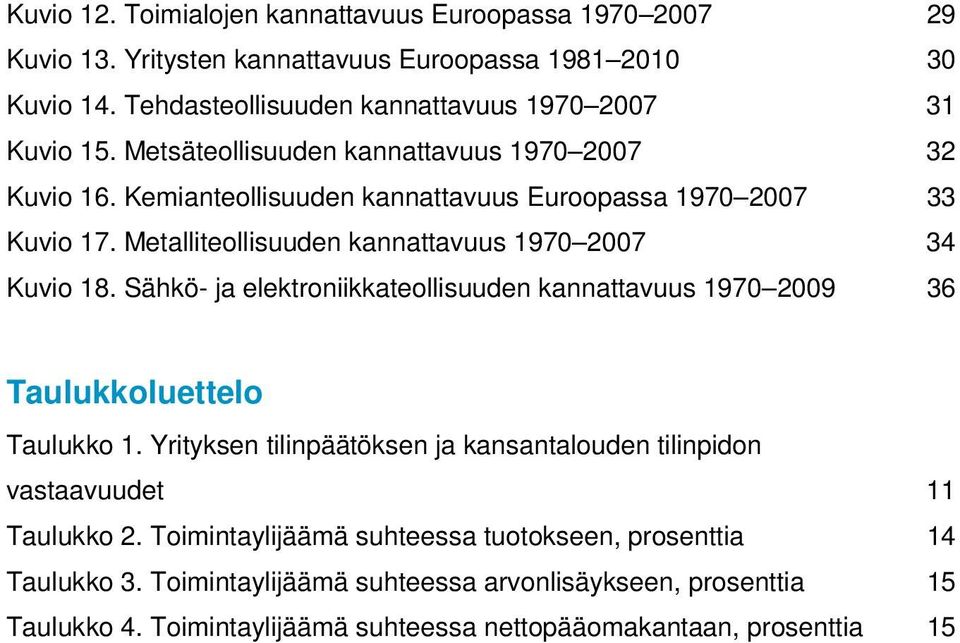 Sähkö- ja elektroniikkateollisuuden kannattavuus 1970 2009 36 Taulukkoluettelo Taulukko 1. Yrityksen tilinpäätöksen ja kansantalouden tilinpidon vastaavuudet 11 Taulukko 2.