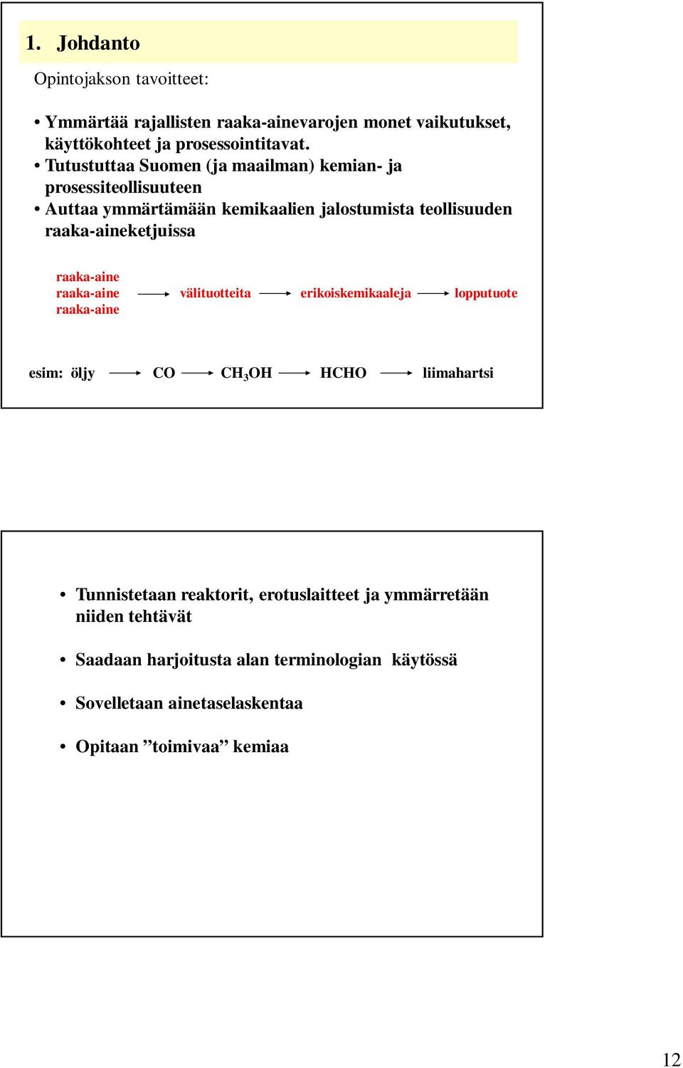 raaka-aineketjuissa raaka-aine raaka-aine välituotteita erikoiskemikaaleja lopputuote raaka-aine esim: öljy CO CH 3 OH HCHO liimahartsi