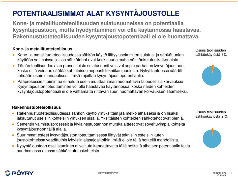 Kone- ja metallituoteteollisuus Kone- ja metallituoteteollisuudessa sähkön käyttö liittyy useimmiten sulatus- ja sähköuunien käyttöön valimoissa, joissa sähkötehot ovat keskisuuria mutta