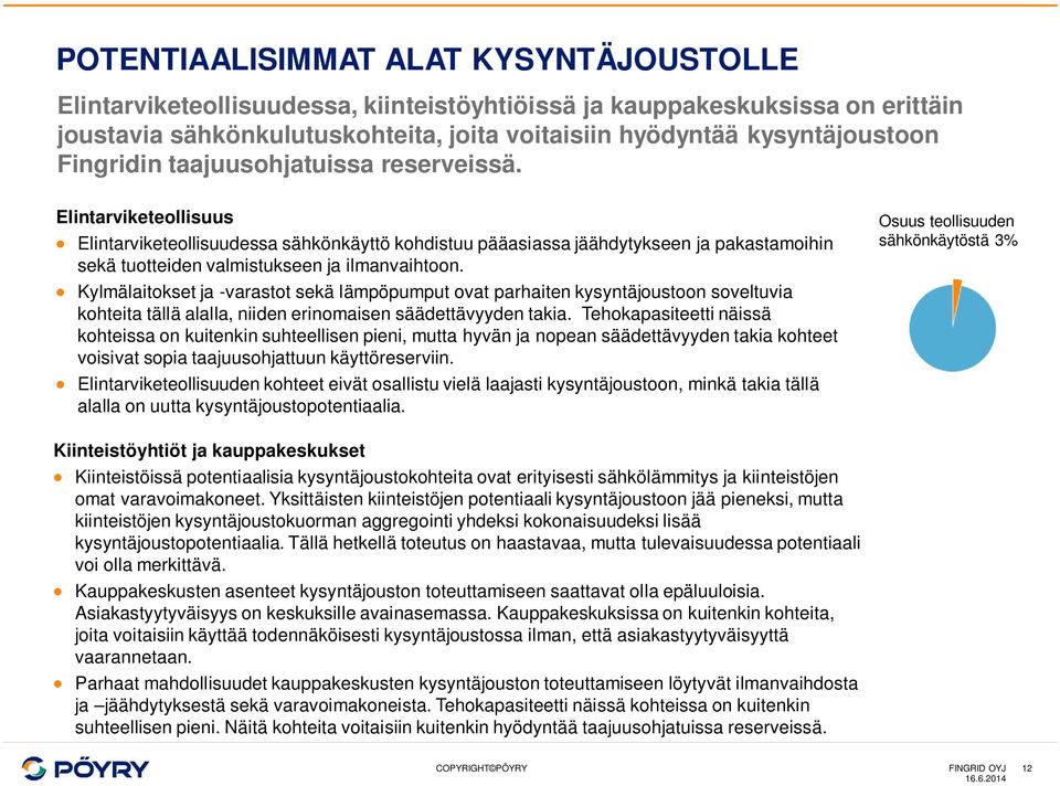 Elintarviketeollisuus Elintarviketeollisuudessa sähkönkäyttö kohdistuu pääasiassa jäähdytykseen ja pakastamoihin sekä tuotteiden valmistukseen ja ilmanvaihtoon.