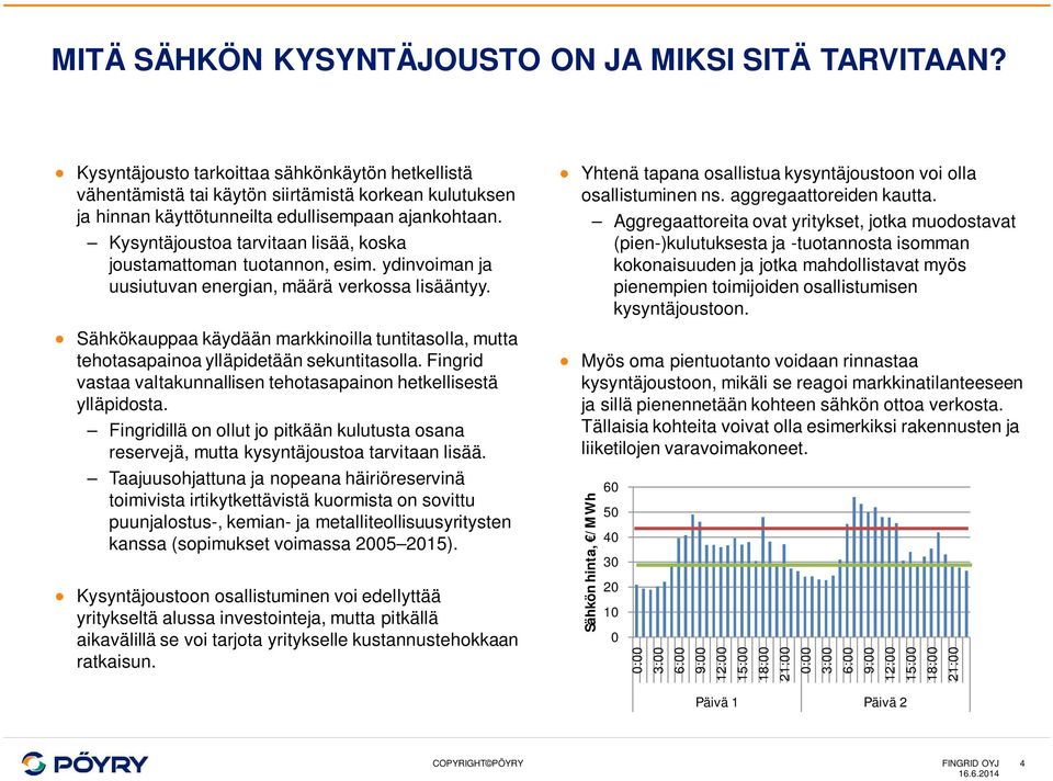 Kysyntäjoustoa tarvitaan lisää, koska joustamattoman tuotannon, esim. ydinvoiman ja uusiutuvan energian, määrä verkossa lisääntyy.