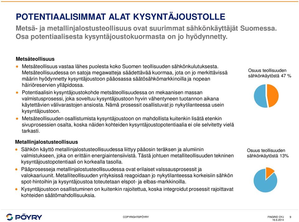 Metsäteollisuudessa on satoja megawatteja säädettävää kuormaa, jota on jo merkittävissä määrin hyödynnetty kysyntäjoustoon pääosassa säätösähkömarkkinoilla ja nopean häiriöreservien ylläpidossa.