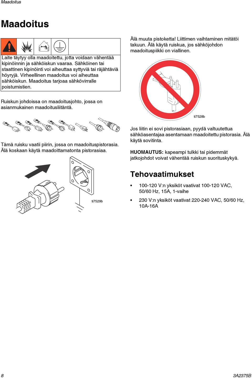 Älä käytä ruiskua, jos sähköjohdon maadoituspiikki on viallinen. Ruiskun johdoissa on maadoitusjohto, jossa on asianmukainen maadoitusliitäntä.