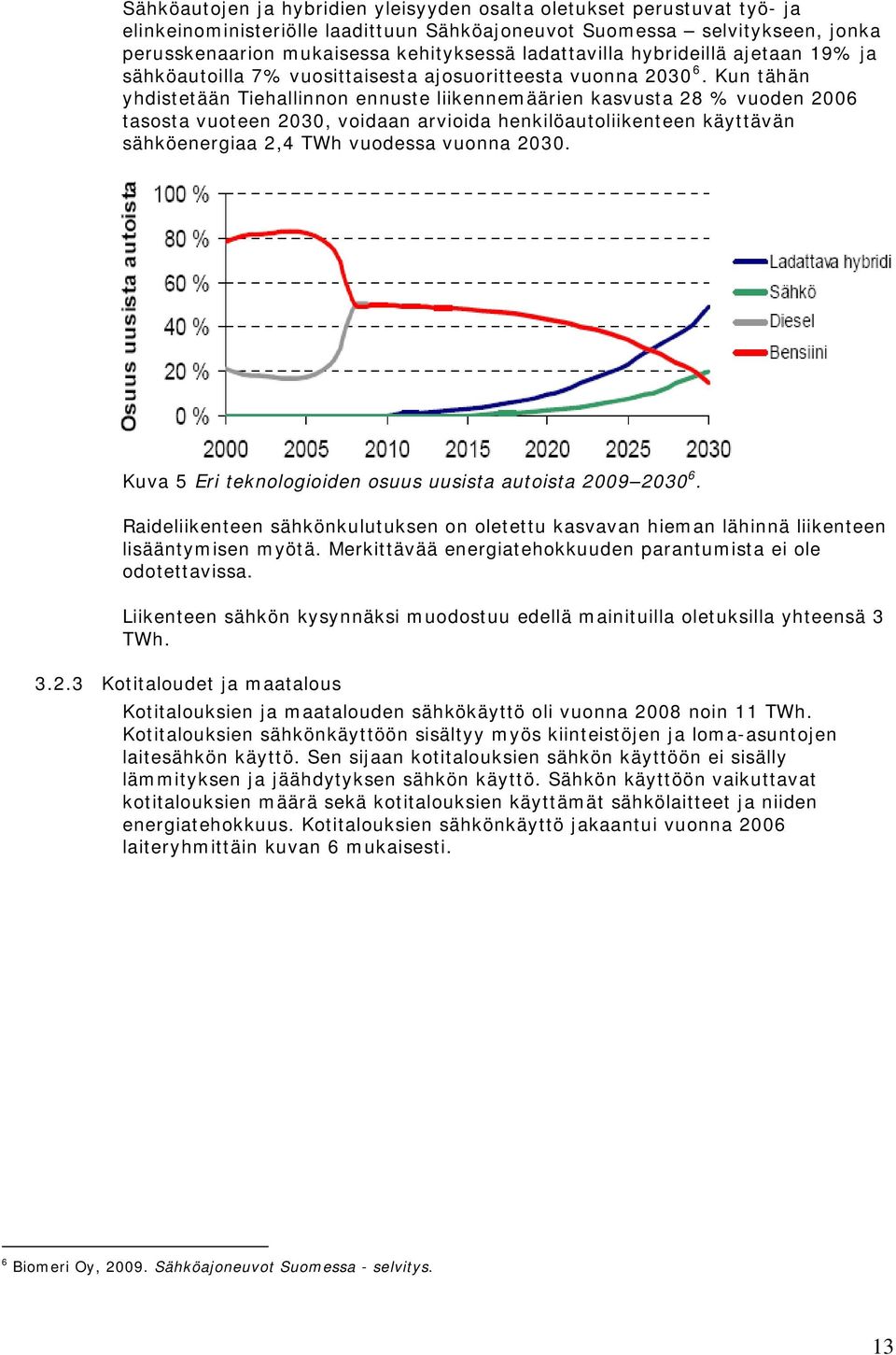 Kun tähän yhdistetään Tiehallinnon ennuste liikennemäärien kasvusta 28 % vuoden 2006 tasosta vuoteen 2030, voidaan arvioida henkilöautoliikenteen käyttävän sähköenergiaa 2,4 TWh vuodessa vuonna 2030.