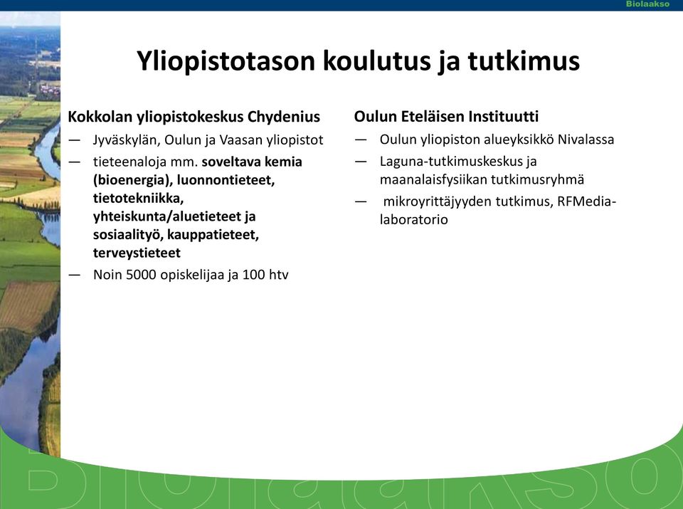 soveltava kemia (bioenergia), luonnontieteet, tietotekniikka, yhteiskunta/aluetieteet ja sosiaalityö,