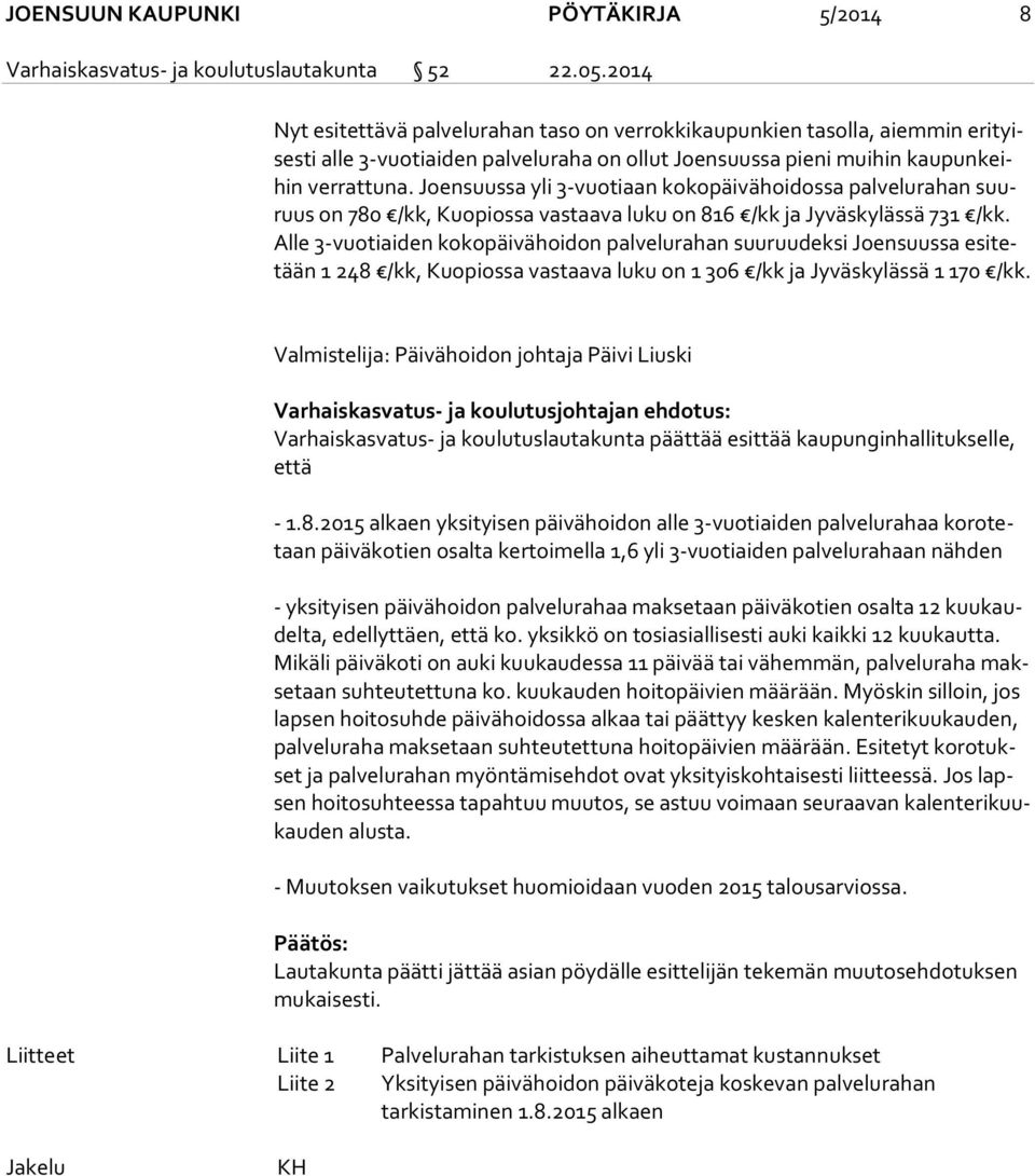 Joensuussa yli 3-vuotiaan kokopäivähoidossa palvelurahan suuruus on 780 /kk, Kuopiossa vastaava luku on 816 /kk ja Jyväskylässä 731 /kk.