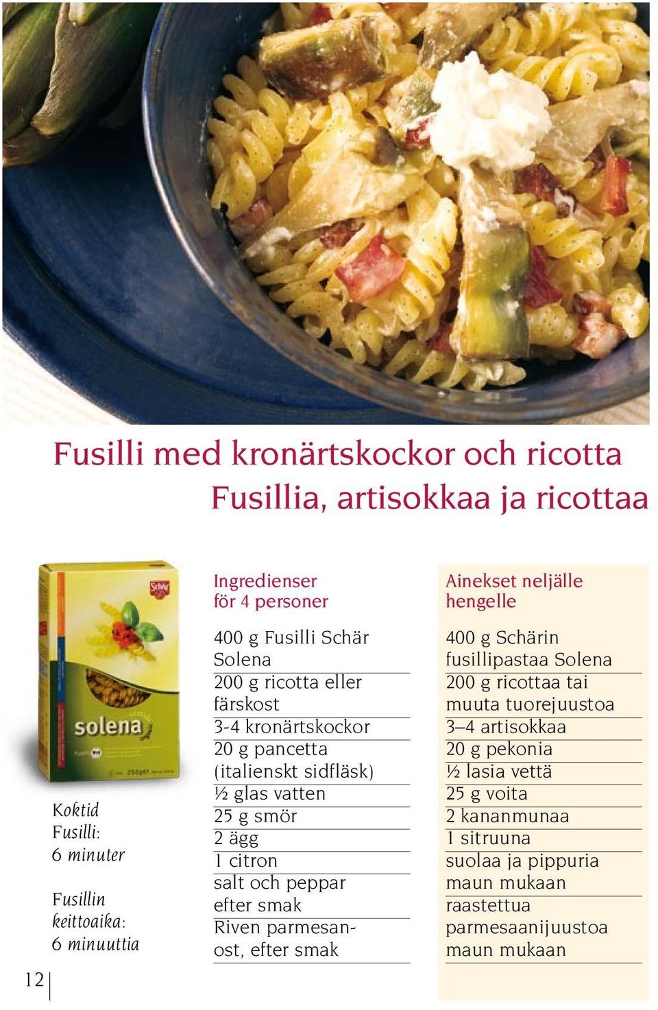 citron salt och peppar efter smak Riven parmesanost, efter smak Ainekset neljälle hengelle 400 g Schärin fusillipastaa Solena 200 g ricottaa tai muuta