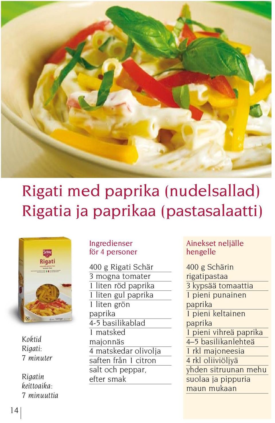 olivolja saften från 1 citron salt och peppar, efter smak Ainekset neljälle hengelle 400 g Schärin rigatipastaa 3 kypsää tomaattia 1 pieni punainen