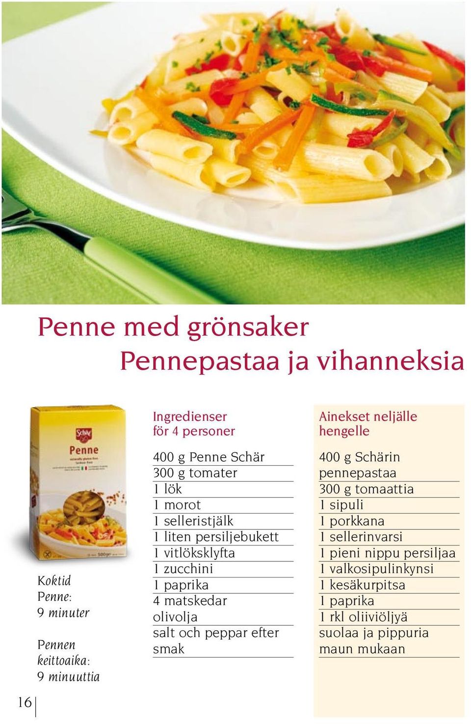 4 matskedar olivolja salt och peppar efter smak Ainekset neljälle hengelle 400 g Schärin pennepastaa 300 g tomaattia 1 sipuli 1