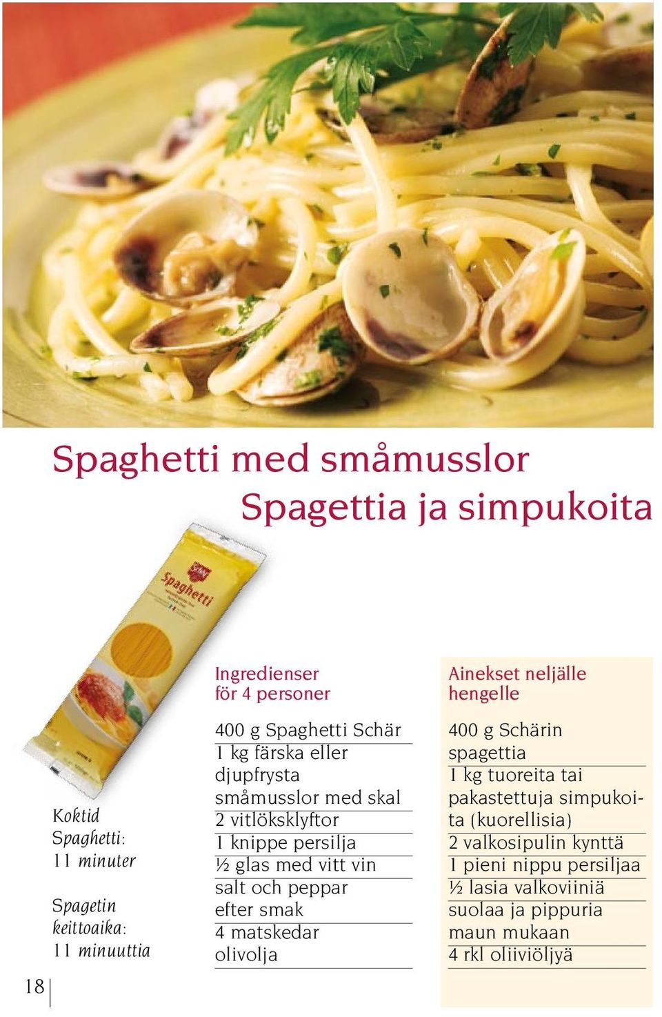 salt och peppar efter smak 4 matskedar olivolja Ainekset neljälle hengelle 400 g Schärin spagettia 1 kg tuoreita tai pakastettuja