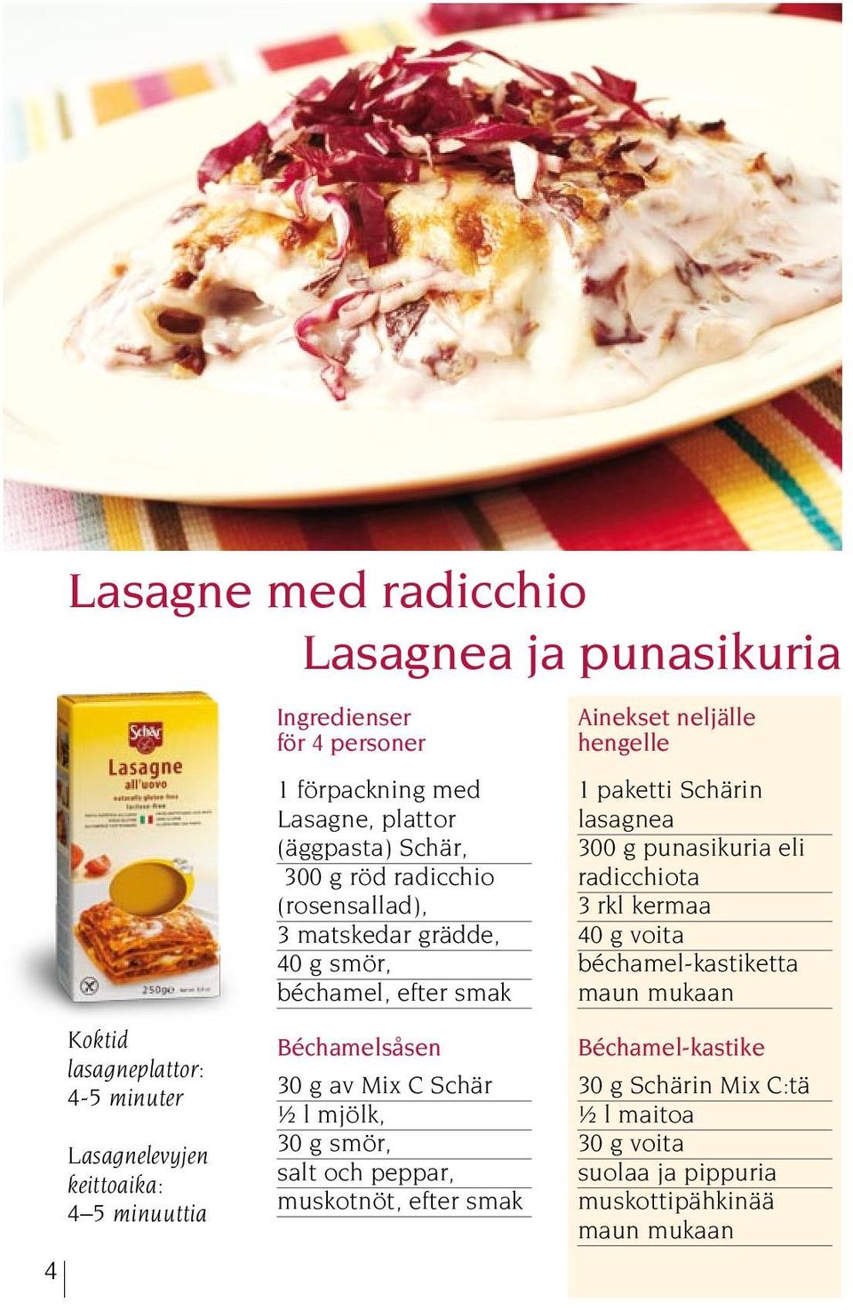 Mix C Schär ½ l mjölk, 30 g smör, salt och peppar, muskotnöt, efter smak Ainekset neljälle hengelle 1 paketti Schärin lasagnea 300 g punasikuria eli