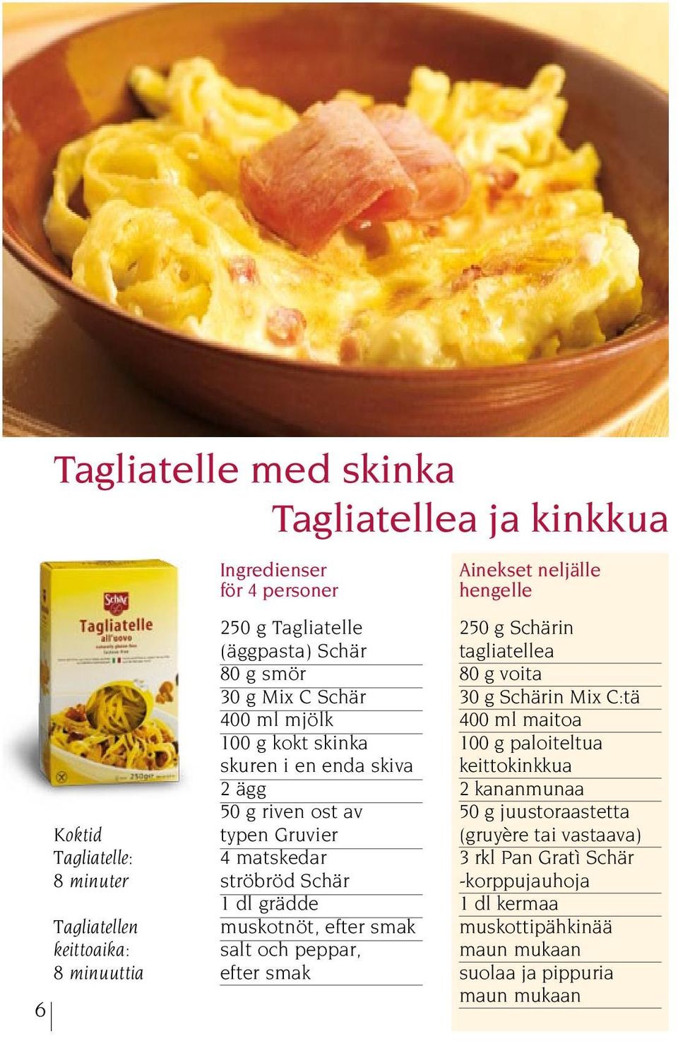 muskotnöt, efter smak salt och peppar, efter smak Ainekset neljälle hengelle 250 g Schärin tagliatellea 80 g voita 30 g Schärin Mix C:tä 400 ml maitoa 100 g paloiteltua