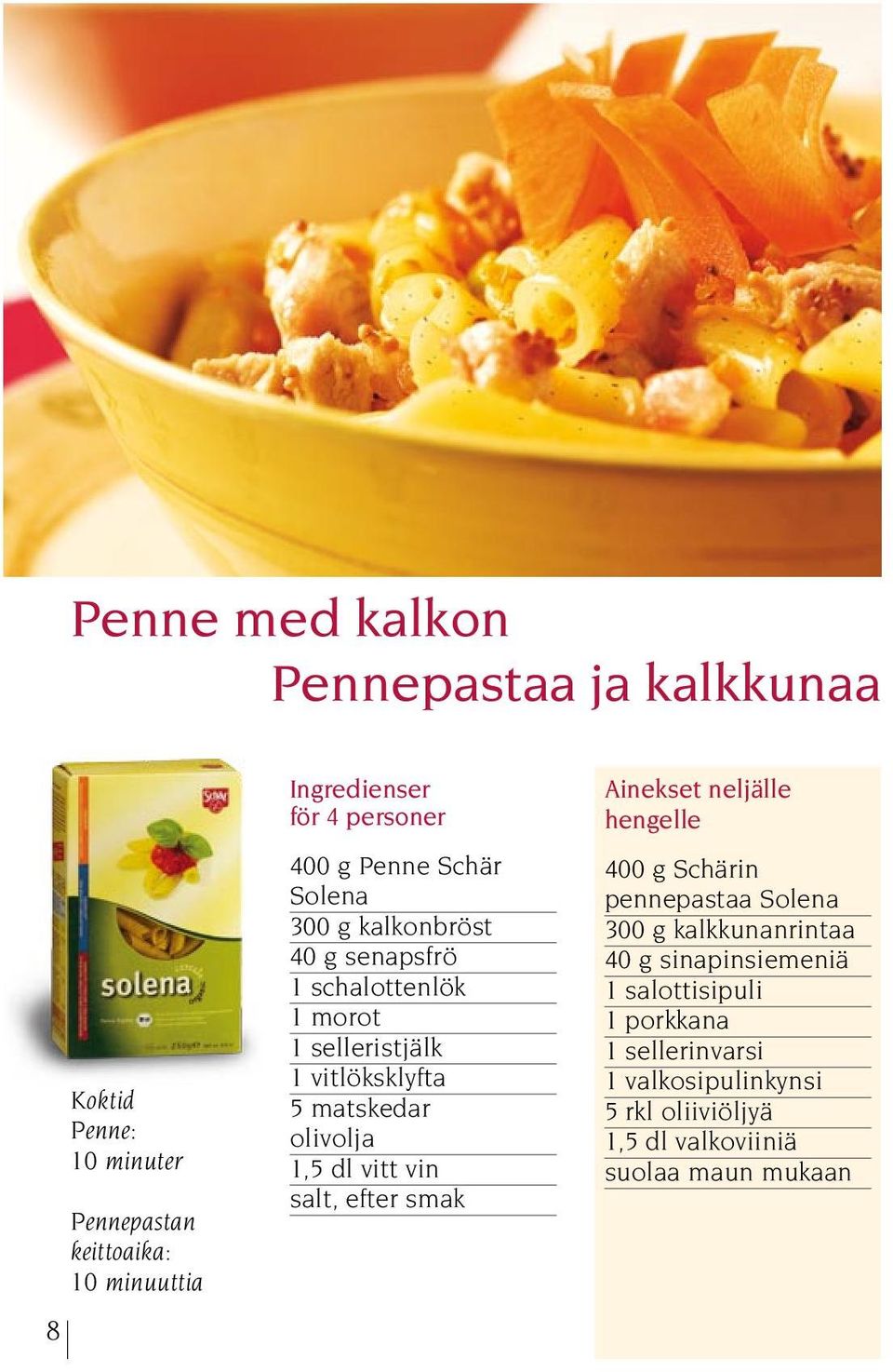 matskedar olivolja 1,5 dl vitt vin salt, efter smak Ainekset neljälle hengelle 400 g Schärin pennepastaa Solena 300 g