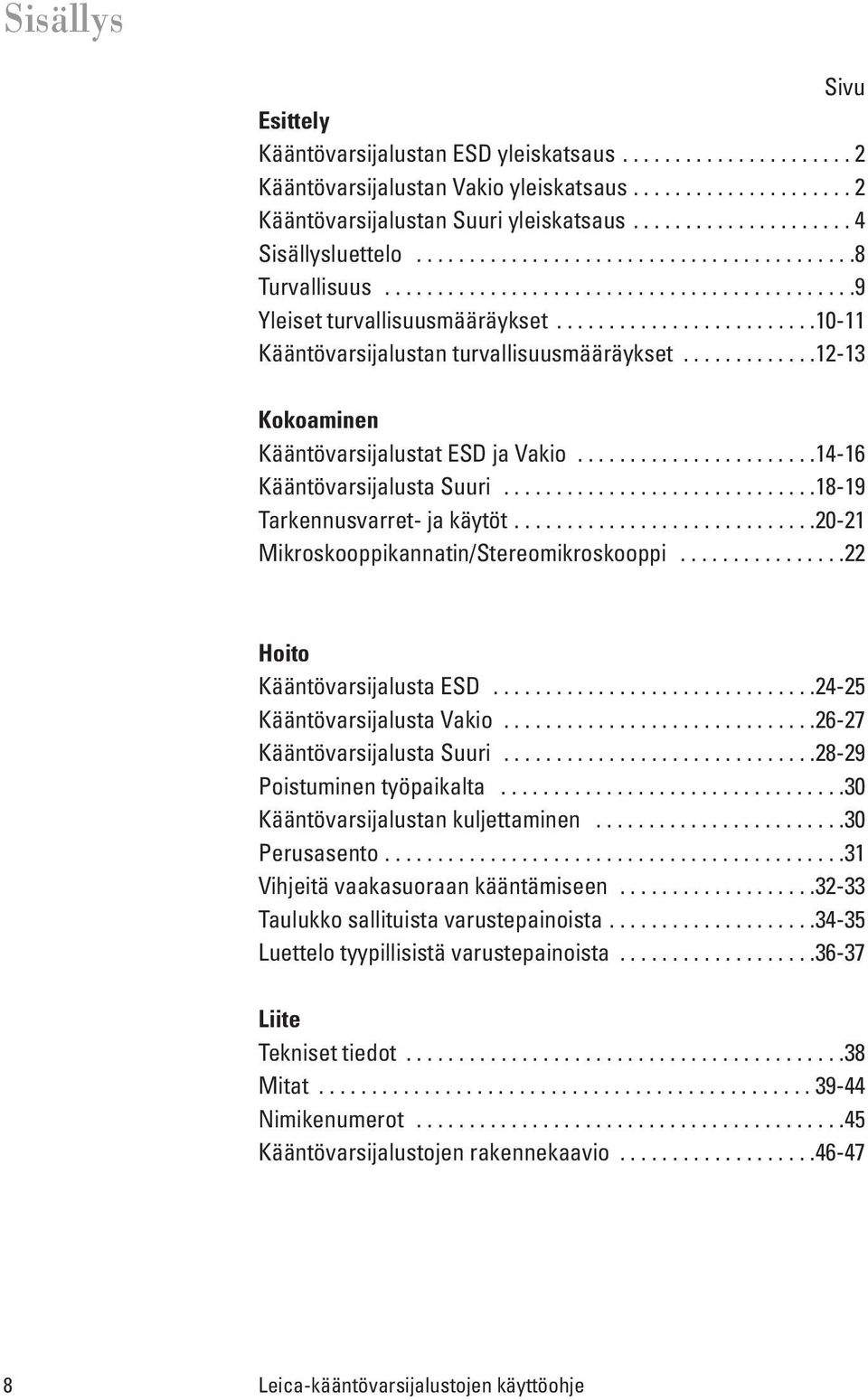 ........................10-11 Kääntövarsijalustan turvallisuusmääräykset.............12-13 Kokoaminen Kääntövarsijalustat ESD ja Vakio.......................14-16 Kääntövarsijalusta Suuri.