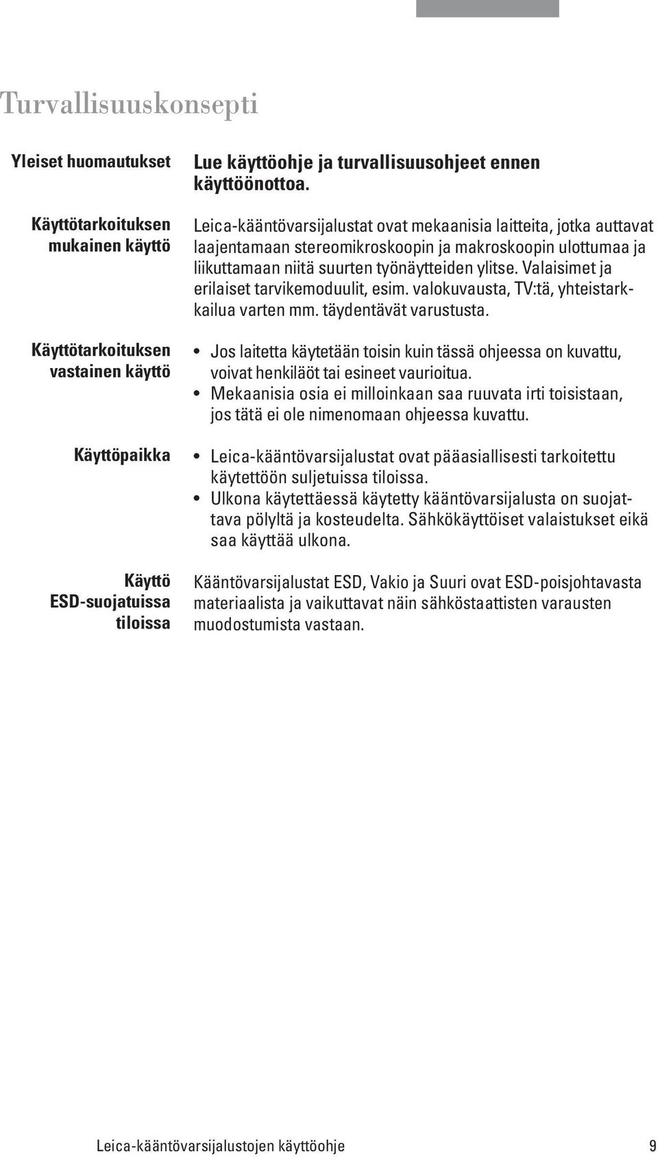 Valaisimet ja erilaiset tarvikemoduulit, esim. valokuvausta, TV:tä, yhteistarkkailua varten mm. täydentävät varustusta.