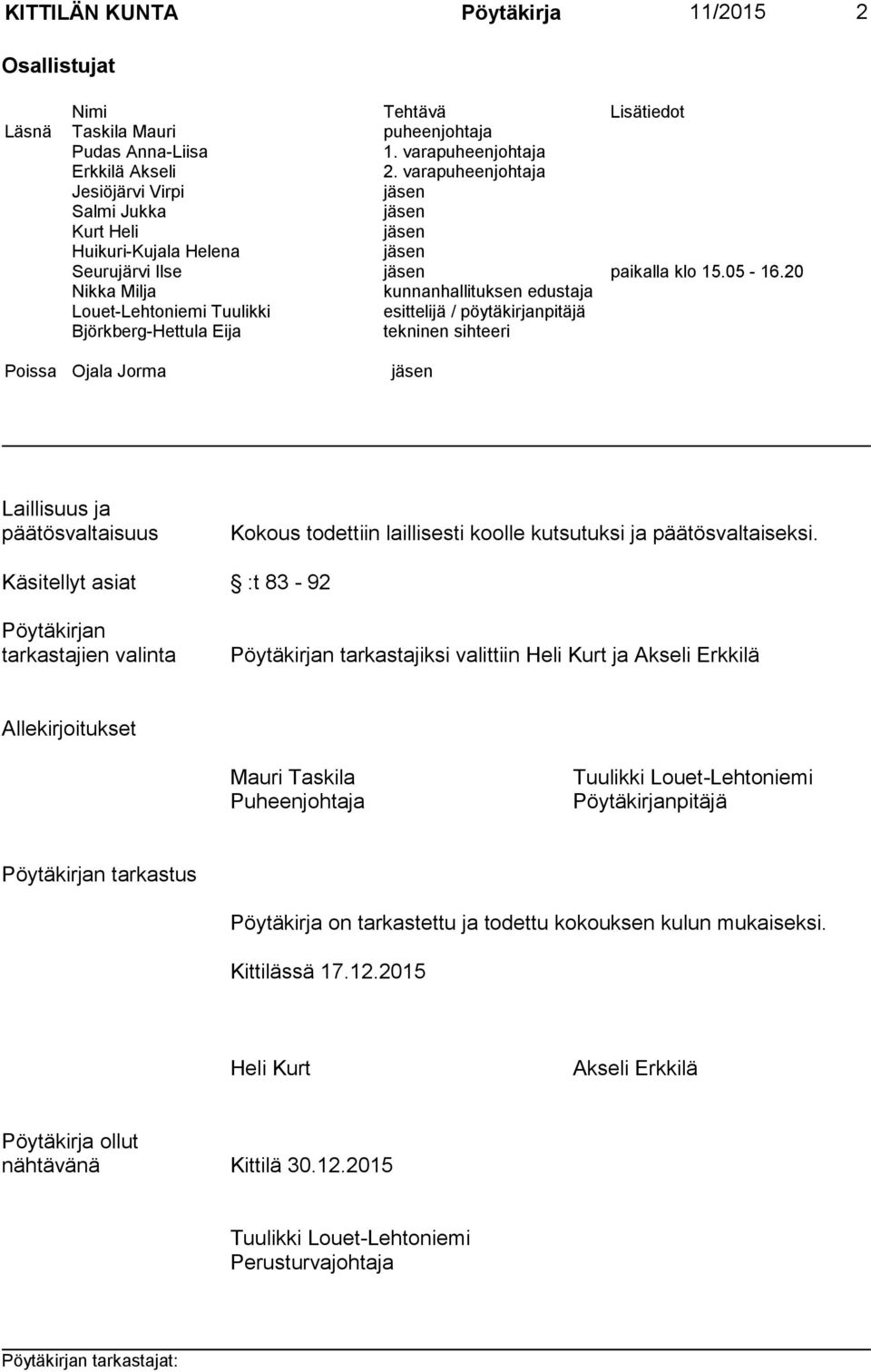 20 Nikka Milja kunnanhallituksen edustaja Louet-Lehtoniemi Tuulikki esittelijä / pöytäkirjanpitäjä Björkberg-Hettula Eija tekninen sihteeri Poissa Ojala Jorma jäsen Laillisuus ja päätösvaltaisuus