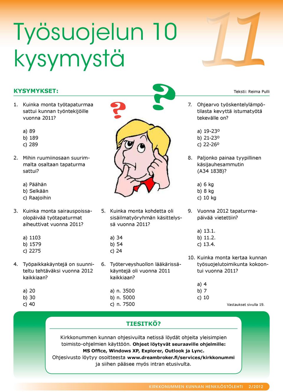 a) Päähän b) Selkään c) Raajoihin a) 6 kg b) 8 kg c) 10 kg 3. 4. Kuinka monta sairauspoissaolopäivää työtapaturmat aiheuttivat vuonna 2011?