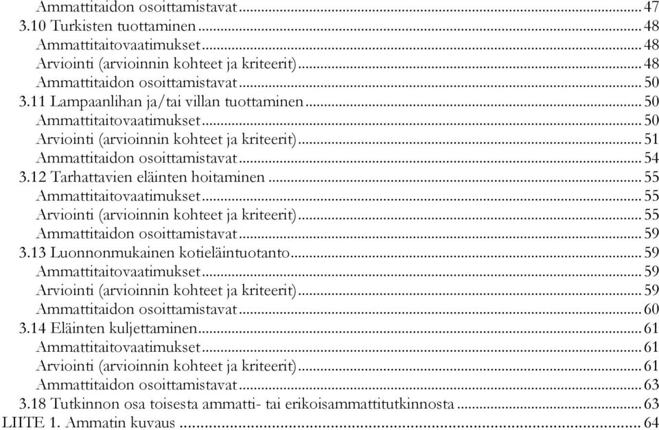 12 Tarhattavien eläinten hoitaminen... 55 Ammattitaitovaatimukset... 55 Arviointi (arvioinnin kohteet ja kriteerit)... 55 Ammattitaidon osoittamistavat... 59 3.13 Luonnonmukainen kotieläintuotanto.