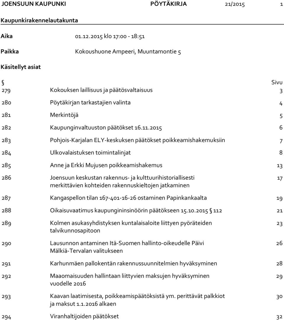 Kaupunginvaltuuston päätökset 16.11.