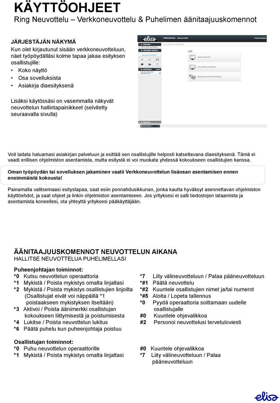 esittää sen osallistujille helposti katseltavana diaesityksenä. Tämä ei vaadi erillisen ohjelmiston asentamista, mutta esitystä ei voi muokata yhdessä kokoukseen osallistujien kanssa.