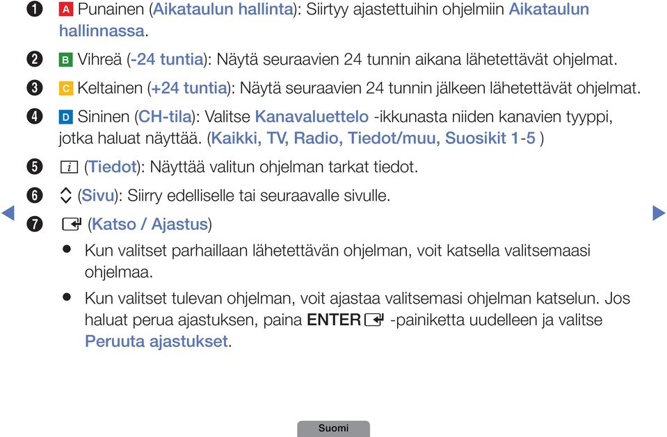 (Kaikki, TV, Radio, Tiedot/muu, Suosikit 1-5 ) 5 ; (Tiedot): Näyttää valitun ohjelman tarkat tiedot. 6 k (Sivu): Siirry edelliselle tai seuraavalle sivulle.