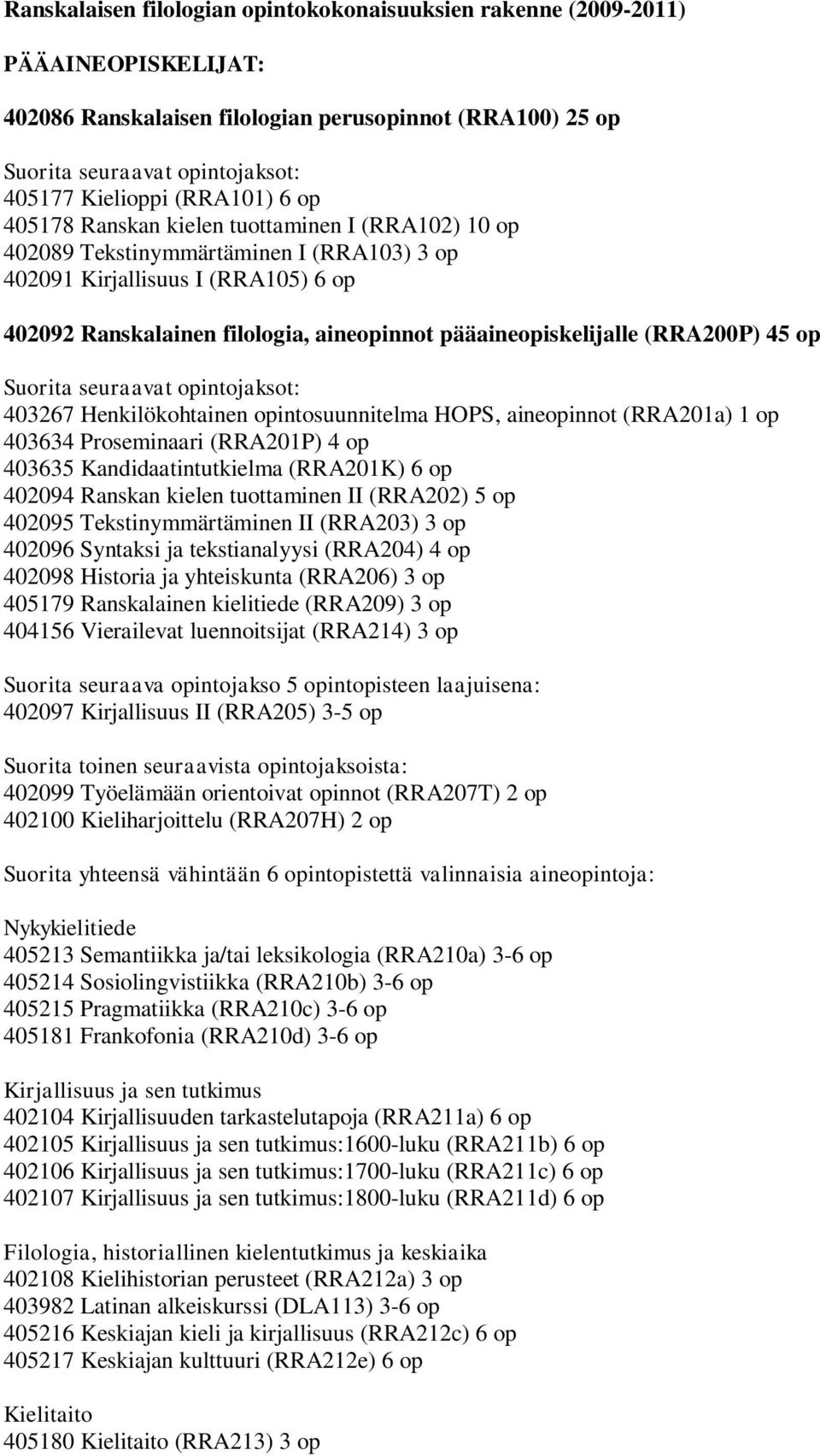 Henkilökohtainen opintosuunnitelma HOPS, aineopinnot (RRA201a) 1 op 403634 Proseminaari (RRA201P) 4 op 403635 Kandidaatintutkielma (RRA201K) 6 op 402094 Ranskan kielen tuottaminen II (RRA202) 5 op