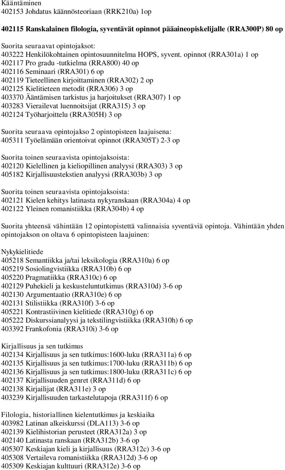 Ääntämisen tarkistus ja harjoitukset (RRA307) 1 op 403283 Vierailevat luennoitsijat (RRA315) 3 op 402124 Työharjoittelu (RRA305H) 3 op Suorita seuraava opintojakso 2 opintopisteen laajuisena: 405311