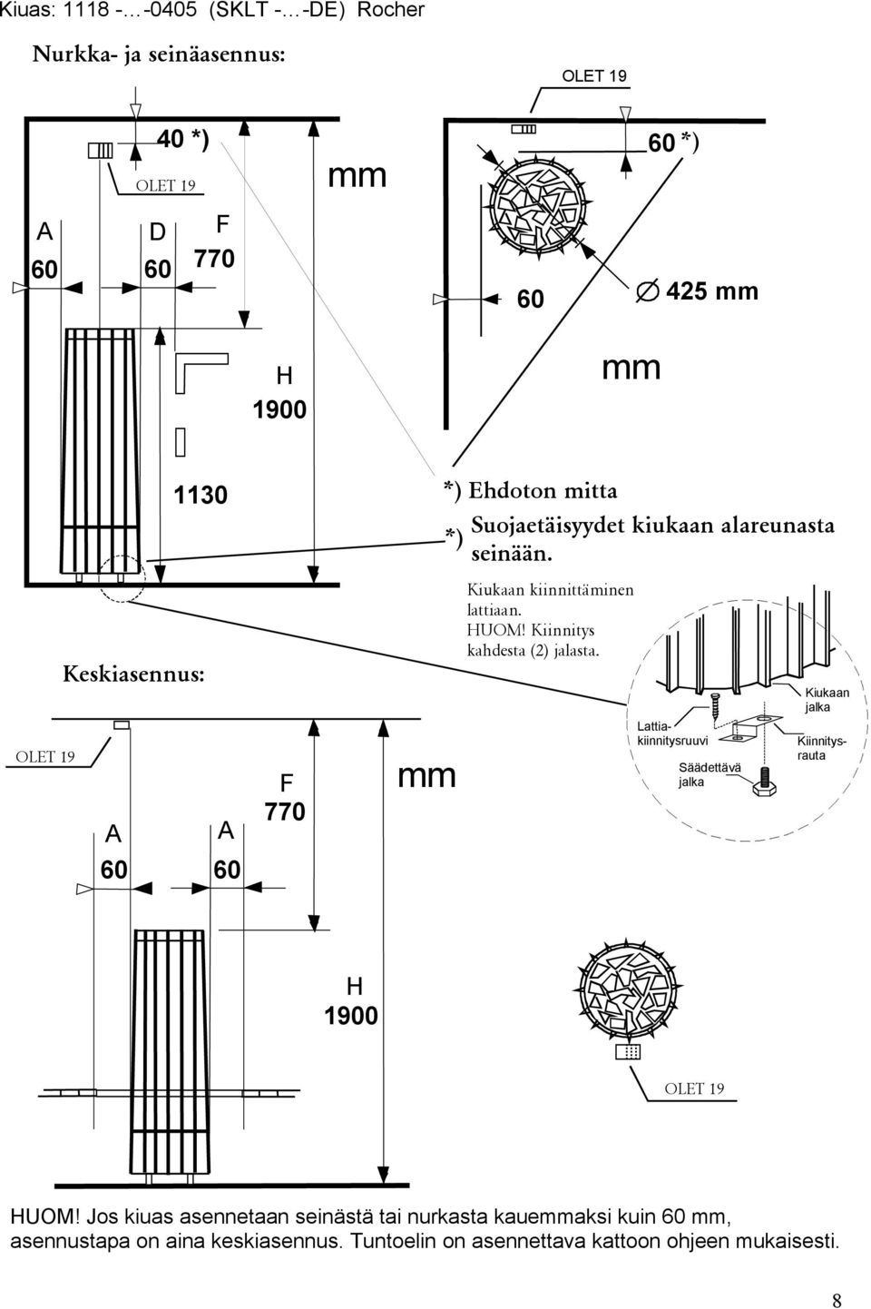 Kiinnitysrauta Lattiakiinnitysruuvi Säädettävä jalka Kiukaan jalka H 1900 HUOM!