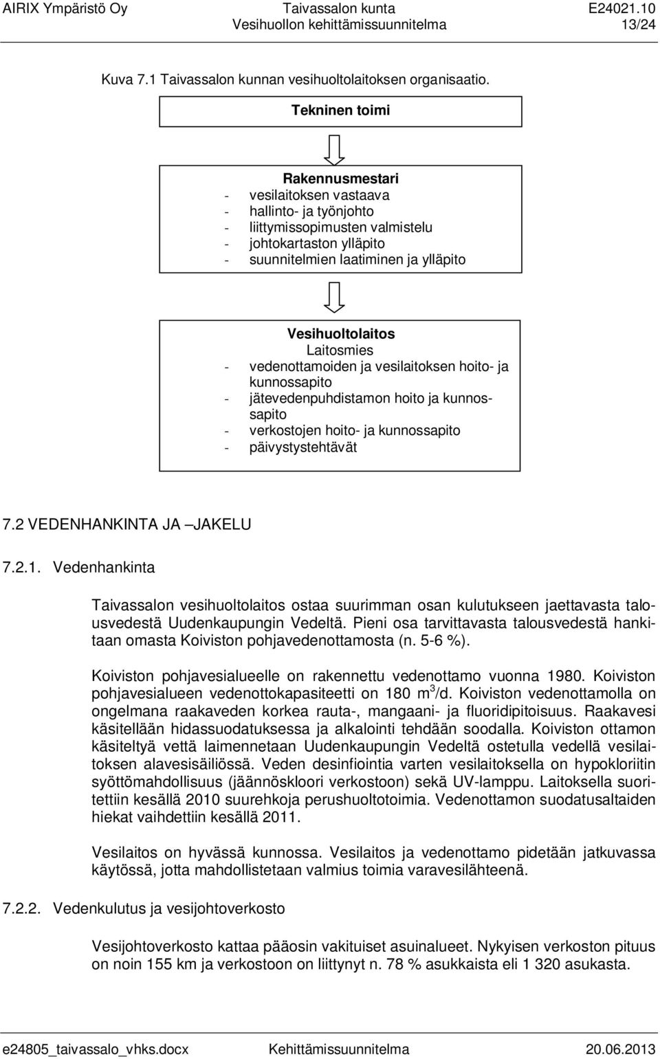 Laitosmies - vedenottamoiden ja vesilaitoksen hoito- ja kunnossapito - jätevedenpuhdistamon hoito ja kunnossapito - verkostojen hoito- ja kunnossapito - päivystystehtävät 7.