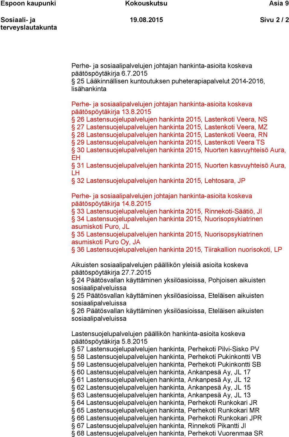2015 26 Lastensuojelupalvelujen hankinta 2015, Lastenkoti Veera, NS 27 Lastensuojelupalvelujen hankinta 2015, Lastenkoti Veera, MZ 28 Lastensuojelupalvelujen hankinta 2015, Lastenkoti Veera, RN 29