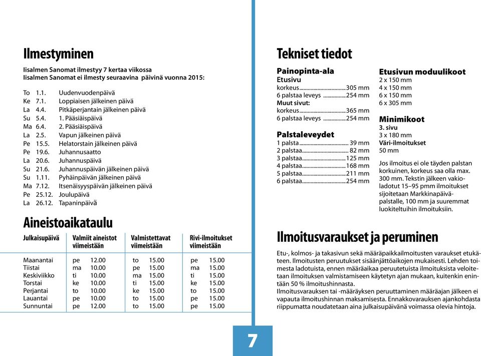 6. Juhannuspäivän jälkeinen päivä Su 1.11. Pyhäinpäivän jälkeinen päivä Ma 7.12.