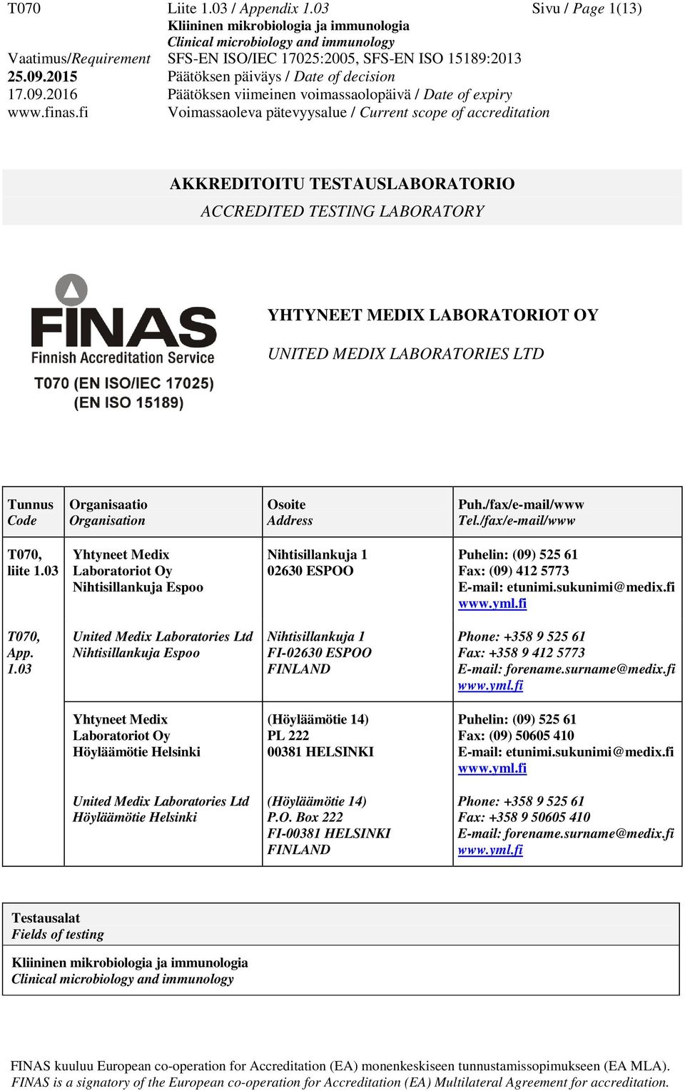 Puh./fax/e-mail/www Tel./fax/e-mail/www T070, liite 1.03 Yhtyneet Medix Laboratoriot Oy Nihtisillankuja Espoo Nihtisillankuja 1 02630 ESPOO Puhelin: (09) 525 61 Fax: (09) 412 5773 E-mail: etunimi.