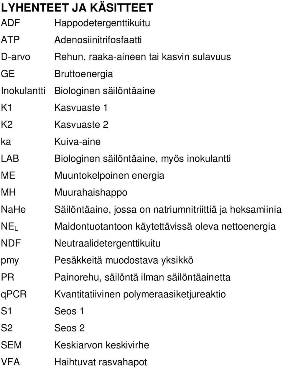 energia Muurahaishappo Säilöntäaine, jossa on natriumnitriittiä ja heksamiinia Maidontuotantoon käytettävissä oleva nettoenergia Neutraalidetergenttikuitu