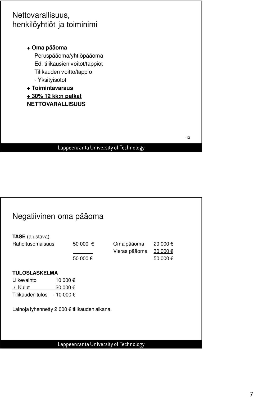 NETTOVARALLISUUS 13 Negatiivinen oma pääoma TASE (alustava) Rahoitusomaisuus 50 000 Oma pääoma 20 000 Vieras