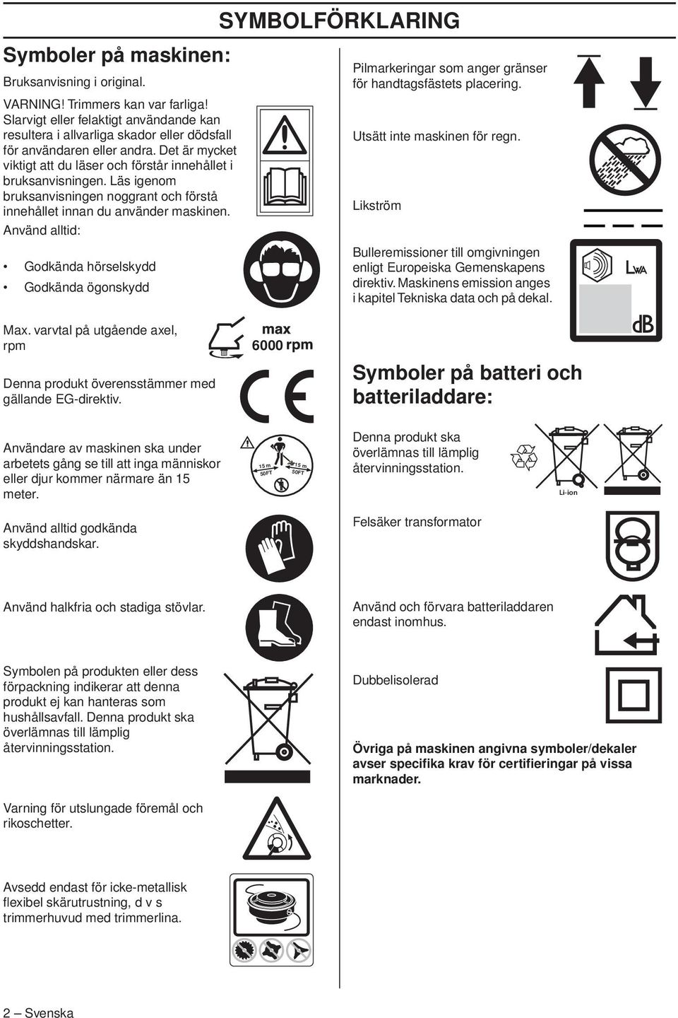 Använd alltid: Godkända hörselskydd Godkända ögonskydd SYMBOLFÖRKLARING Pilmarkeringar som anger gränser för handtagsfästets placering. Utsätt inte maskinen för regn.