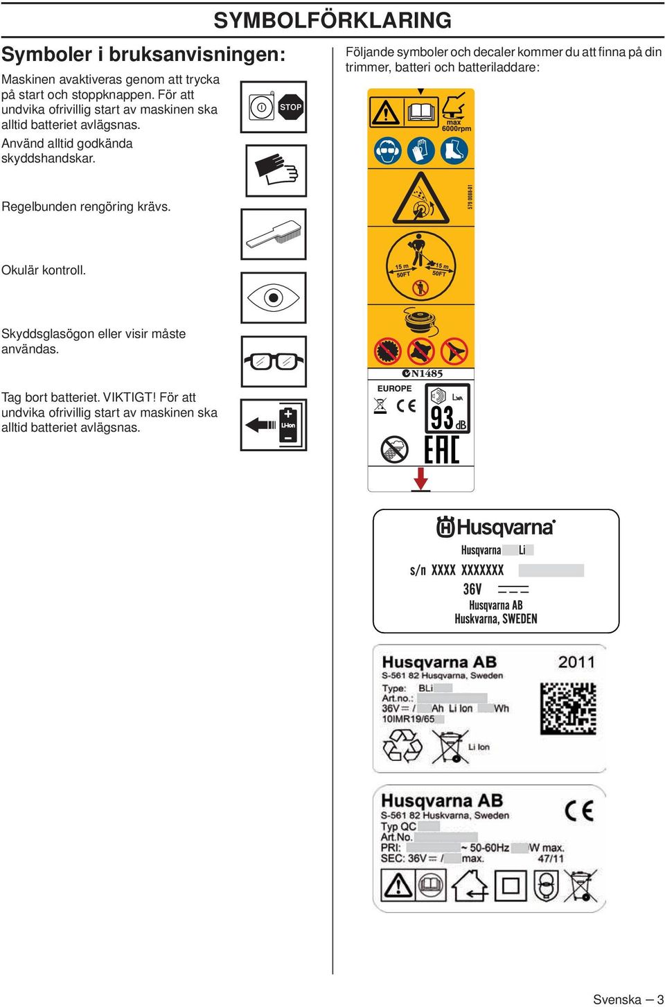 SYMBOLFÖRKLARING Följande symboler och decaler kommer du att finna på din trimmer, batteri och batteriladdare: Regelbunden