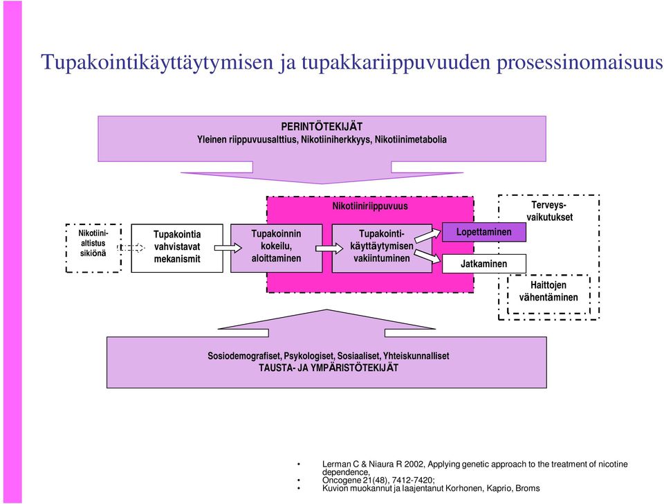 vakiintuminen Lopettaminen Jatkaminen Haittojen vähentäminen Sosiodemografiset, Psykologiset, Sosiaaliset, Yhteiskunnalliset TAUSTA- JA YMPÄRISTÖTEKIJÄT