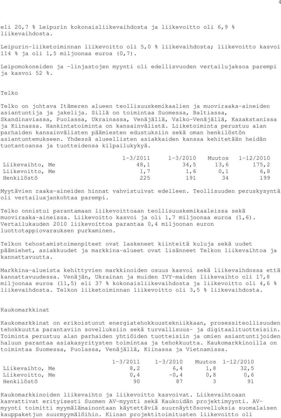 Leipomokoneiden ja -linjastojen myynti oli edellisvuoden vertailujaksoa parempi ja kasvoi 52 %.