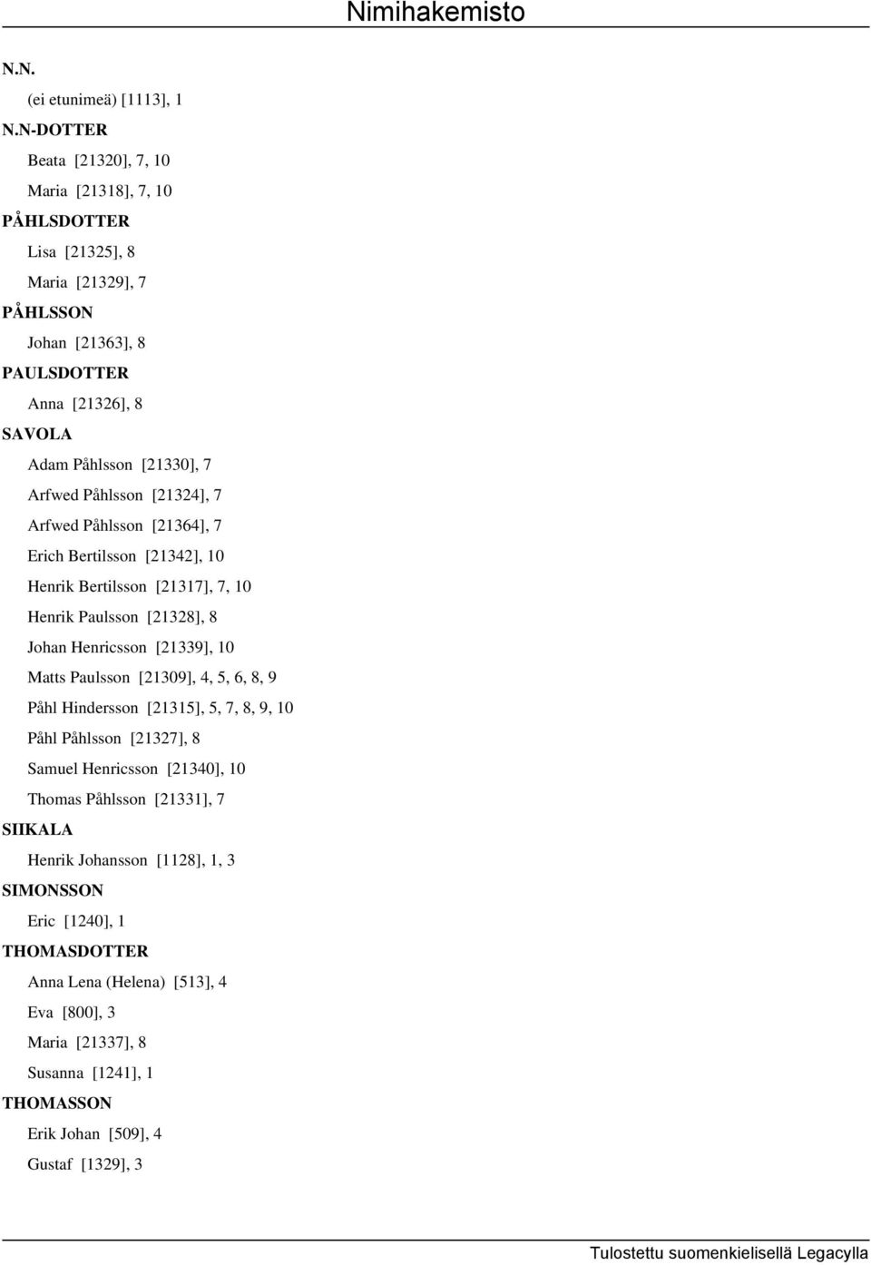 Påhlsson [21324], 7 Arfwed Påhlsson [21364], 7 Erich Bertilsson [21342], 10 Henrik Bertilsson [21317], 7, 10 Henrik Paulsson [21328], 8 Johan Henricsson [21339], 10 Matts Paulsson [21309],