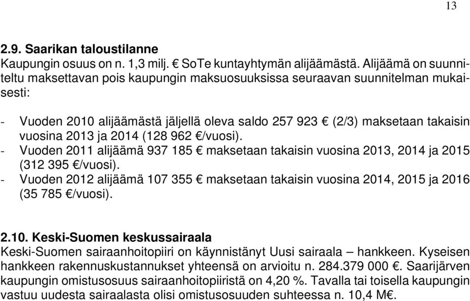 2014 (128 962 /vuosi). - Vuoden 2011 alijäämä 937 185 maksetaan takaisin vuosina 2013, 2014 ja 2015 (312 395 /vuosi).