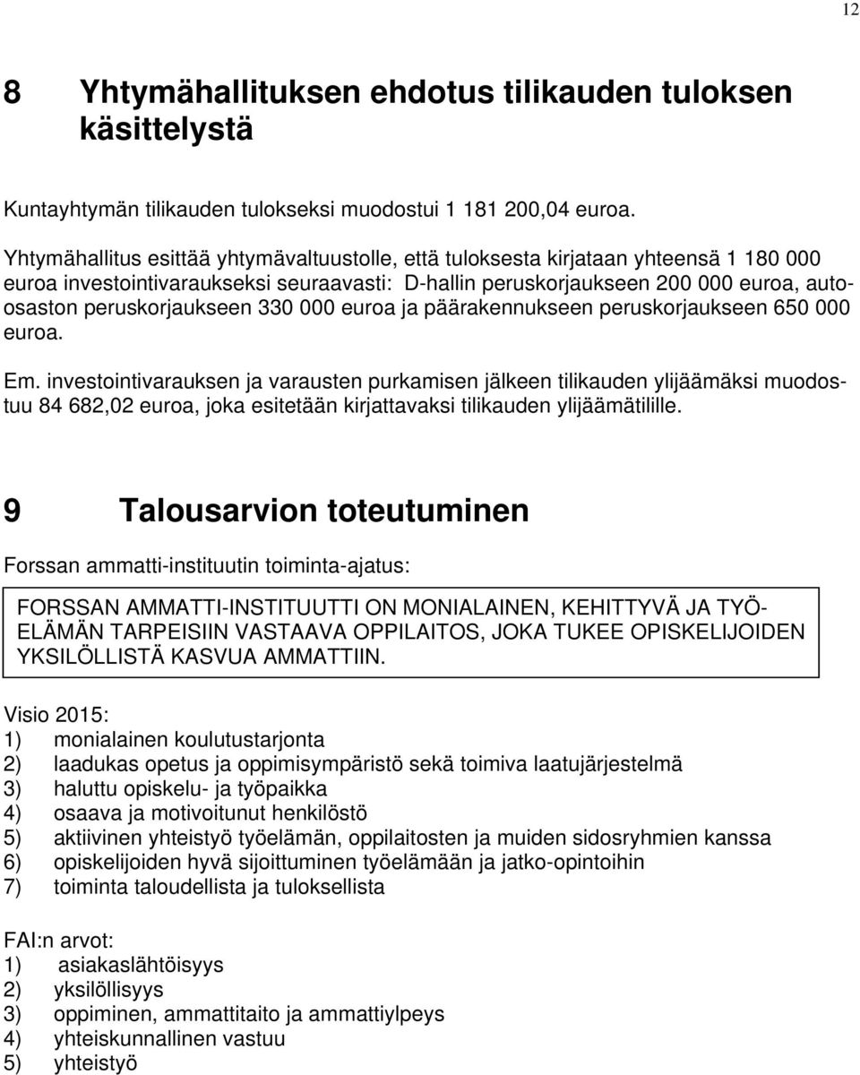 330 000 euroa ja päärakennukseen peruskorjaukseen 650 000 euroa. Em.