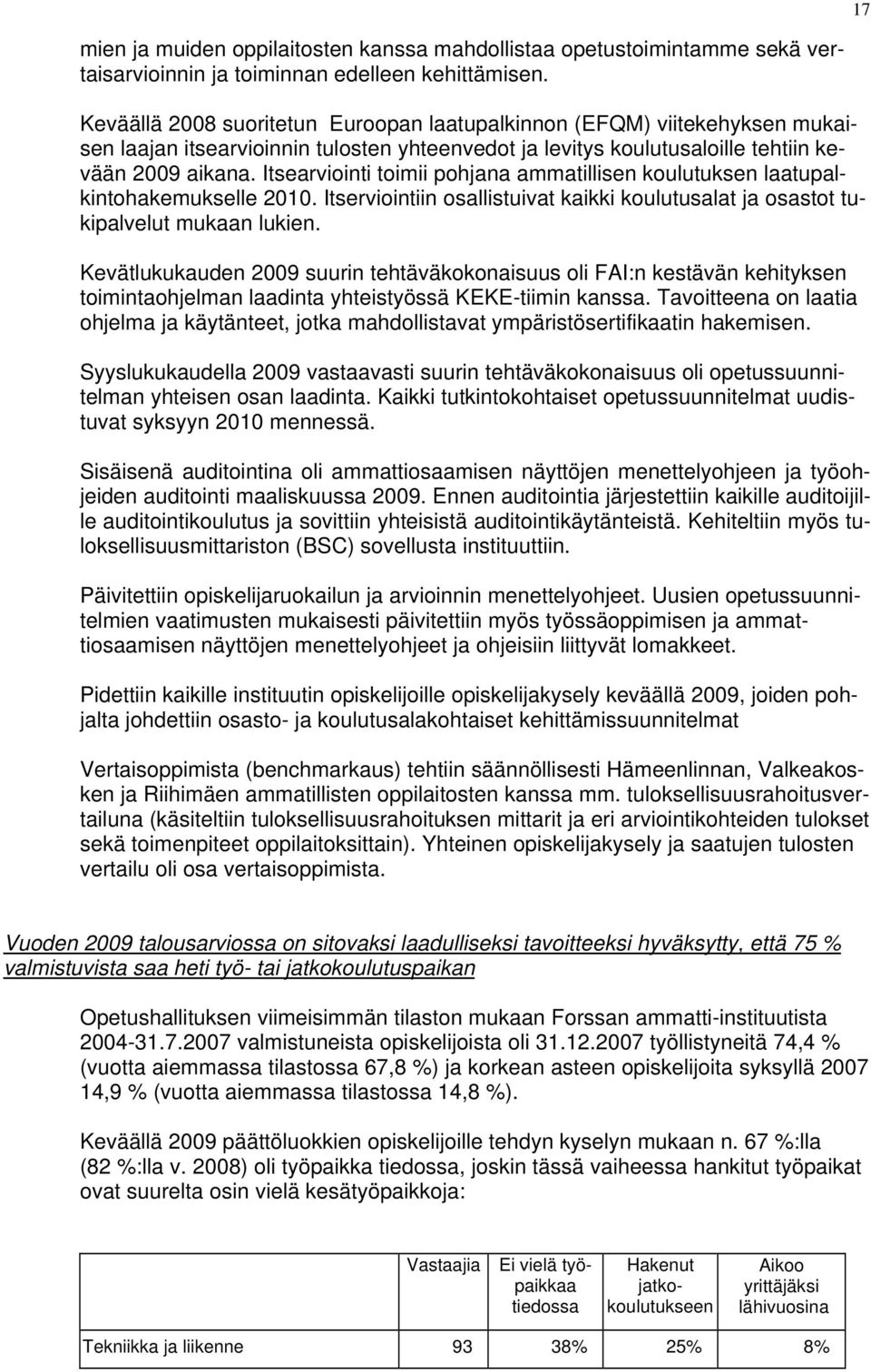 Itsearviointi toimii pohjana ammatillisen koulutuksen laatupalkintohakemukselle 2010. Itserviointiin osallistuivat kaikki koulutusalat ja osastot tukipalvelut mukaan lukien.