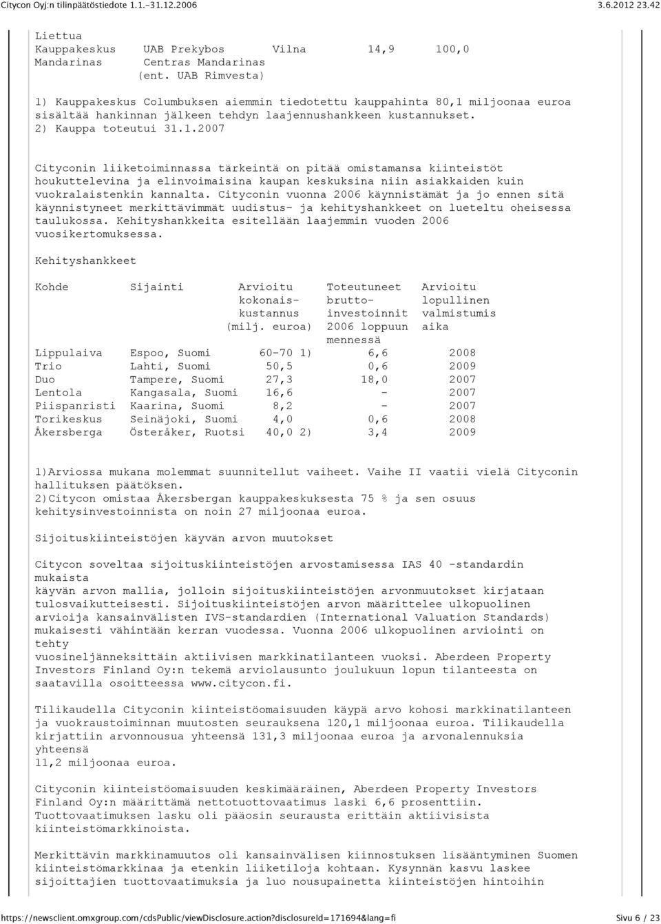 Cityconin vuonna 2006 käynnistämät ja jo ennen sitä käynnistyneet merkittävimmät uudistus- ja kehityshankkeet on lueteltu oheisessa taulukossa.