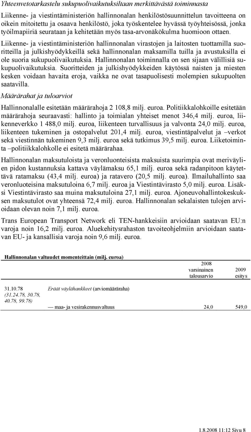 Liikenne- ja viestintäministeriön hallinnonalan virastojen ja laitosten tuottamilla suoritteilla ja julkishyödykkeillä sekä hallinnonalan maksamilla tuilla ja avustuksilla ei ole suoria