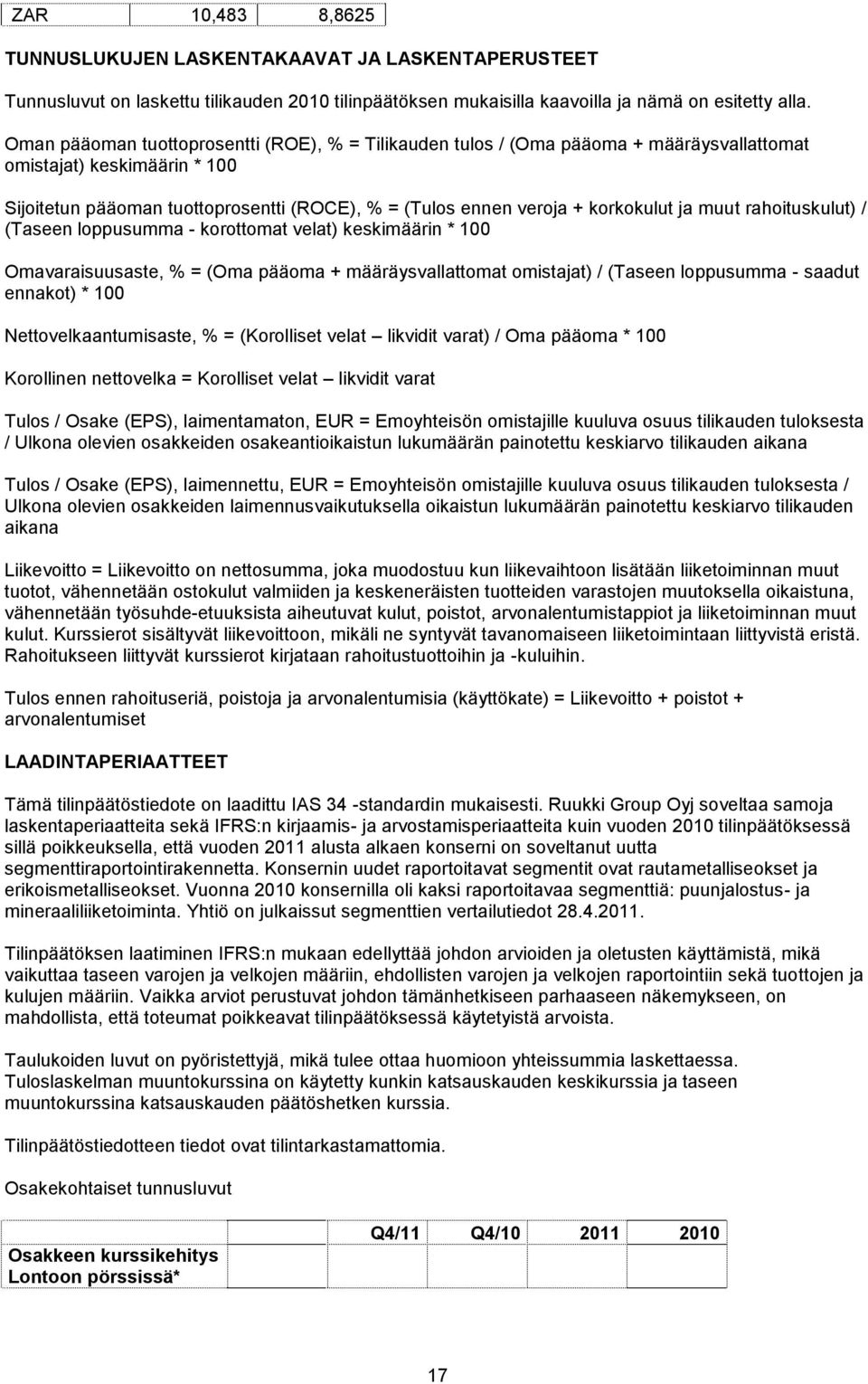 korkokulut ja muut rahoituskulut) / (Taseen loppusumma - korottomat velat) keskimäärin * 100 Omavaraisuusaste, % = (Oma pääoma + määräysvallattomat omistajat) / (Taseen loppusumma - saadut ennakot) *