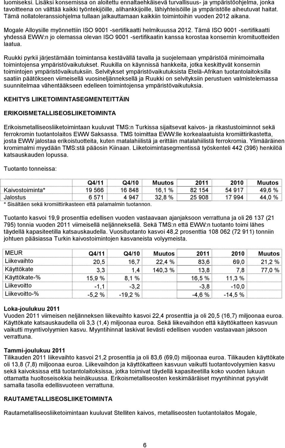 haitat. Tämä nollatoleranssiohjelma tullaan jalkauttamaan kaikkiin toimintoihin vuoden 2012 aikana. Mogale Alloysille myönnettiin ISO 9001 -sertifikaatti helmikuussa 2012.