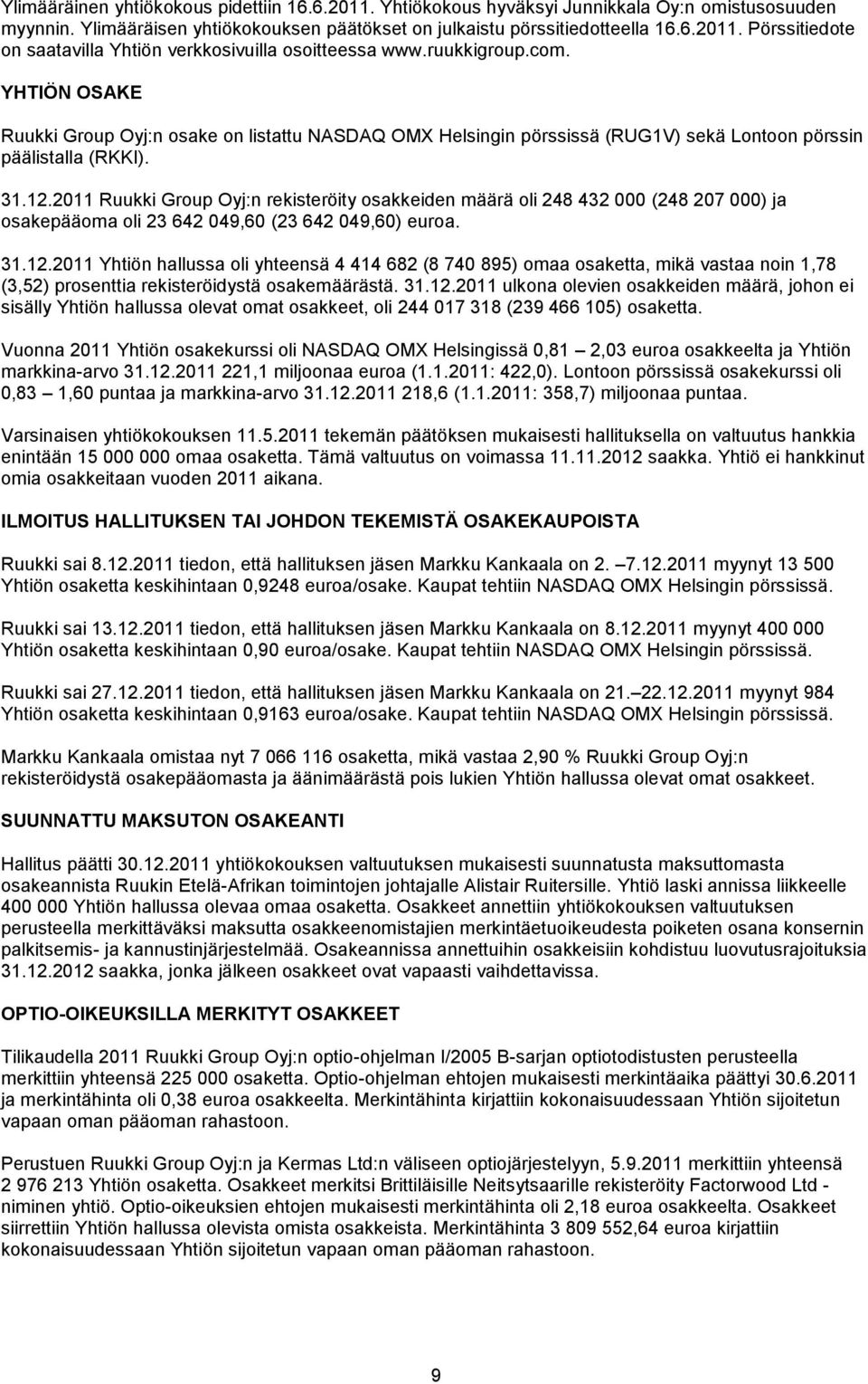 2011 Ruukki Group Oyj:n rekisteröity osakkeiden määrä oli 248 432 000 (248 207 000) ja osakepääoma oli 23 642 049,60 (23 642 049,60) euroa. 31.12.