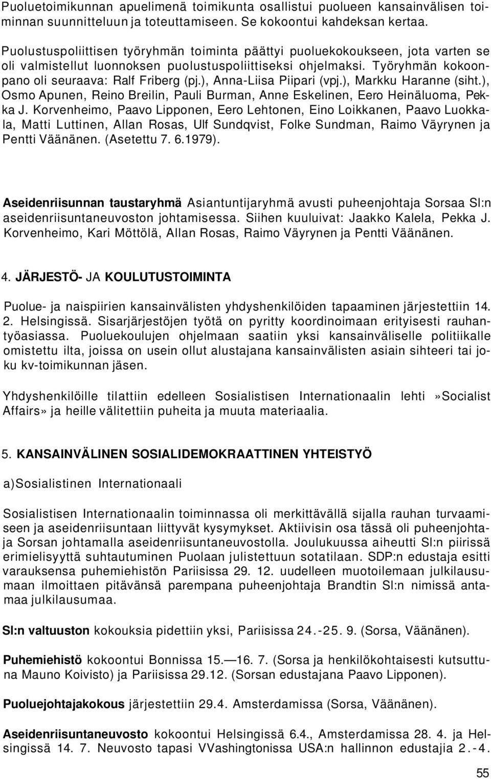 ), Anna-Liisa Piipari (vpj.), Markku Haranne (siht.), Osmo Apunen, Reino Breilin, Pauli Burman, Anne Eskelinen, Eero Heinäluoma, Pekka J.