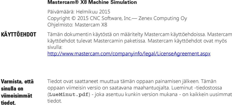 Mastercam käyttöehdot ovat myös sivulla: http://www.mastercam.com/companyinfo/legal/licenseagreement.aspx Varmista, että sinulla on viimeisimmät tiedot.