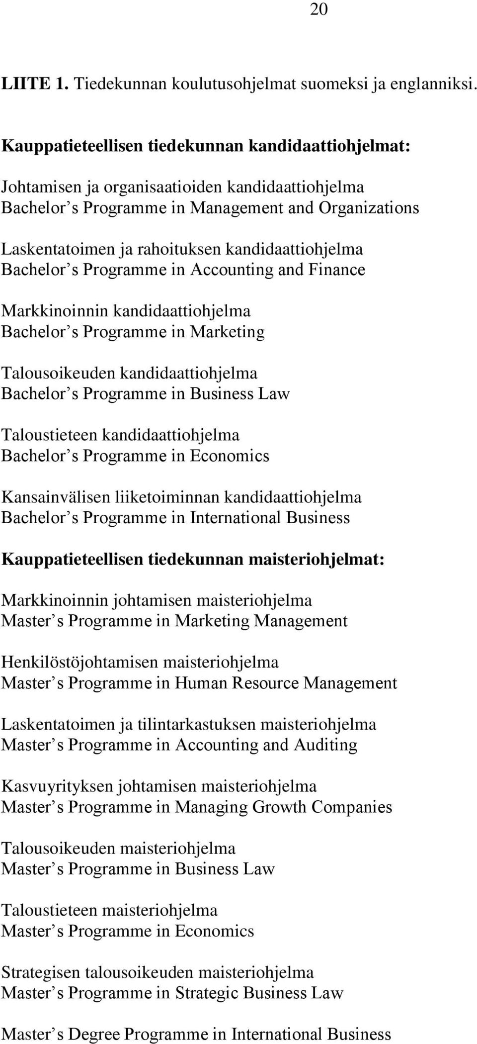 kandidaattiohjelma Bachelor s Programme in Accounting and Finance Markkinoinnin kandidaattiohjelma Bachelor s Programme in Marketing Talousoikeuden kandidaattiohjelma Bachelor s Programme in Business